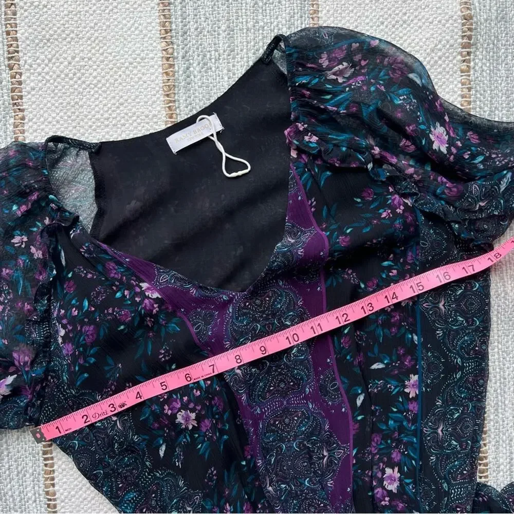 Ramy Brook Logan Floral Long Puff Sleeve 100% Silk Mini Dress Women’s Size Small - Picture 7 of 8